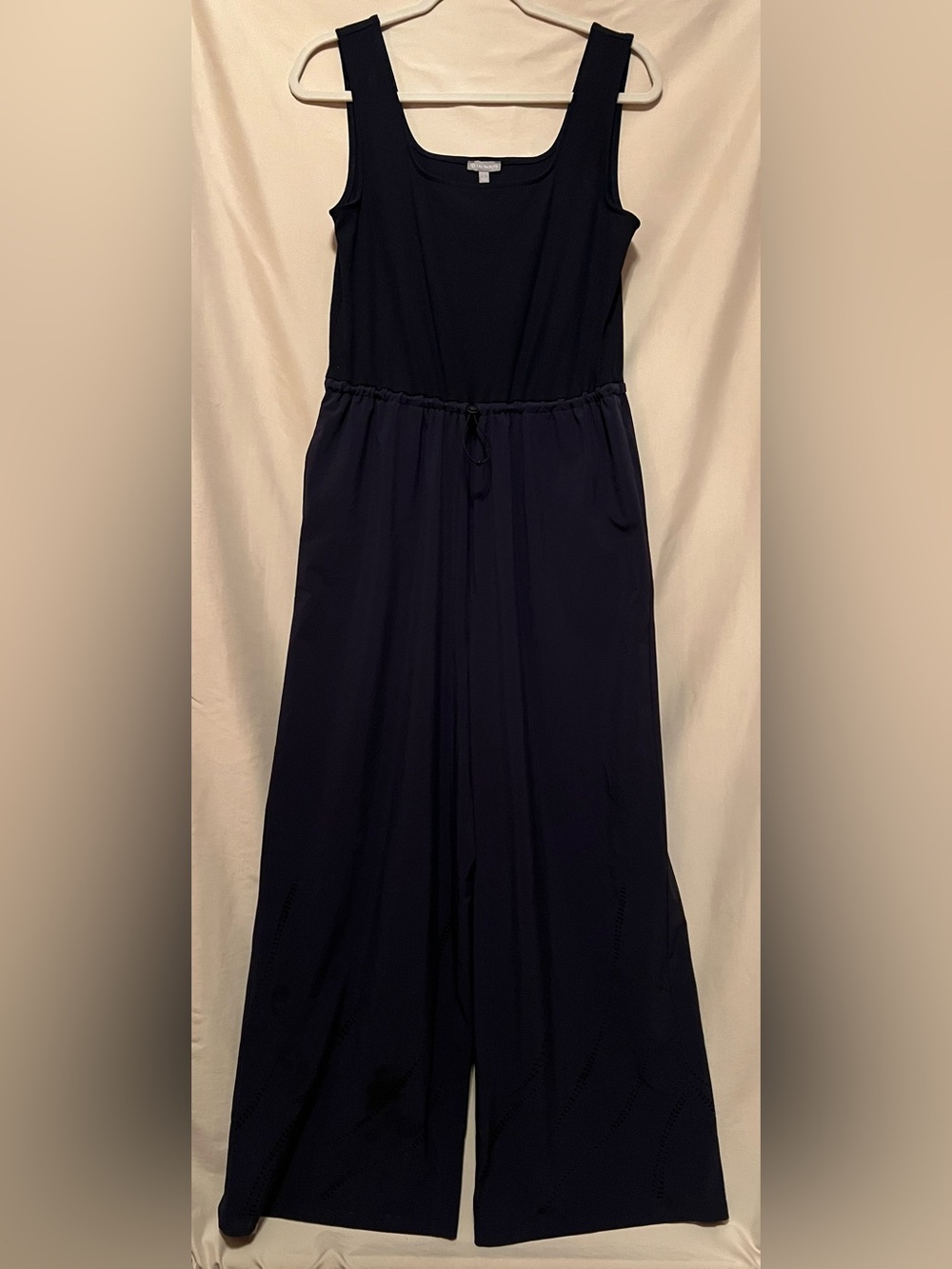 NWT Talbots Mixed Media Navy Cinch Waist Sleeveless Jumpsuit Size L